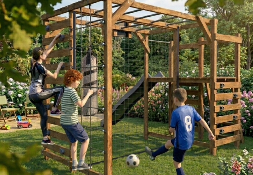Achille, aire de jeux multisport Soulet avec escalade, basket et toboggan